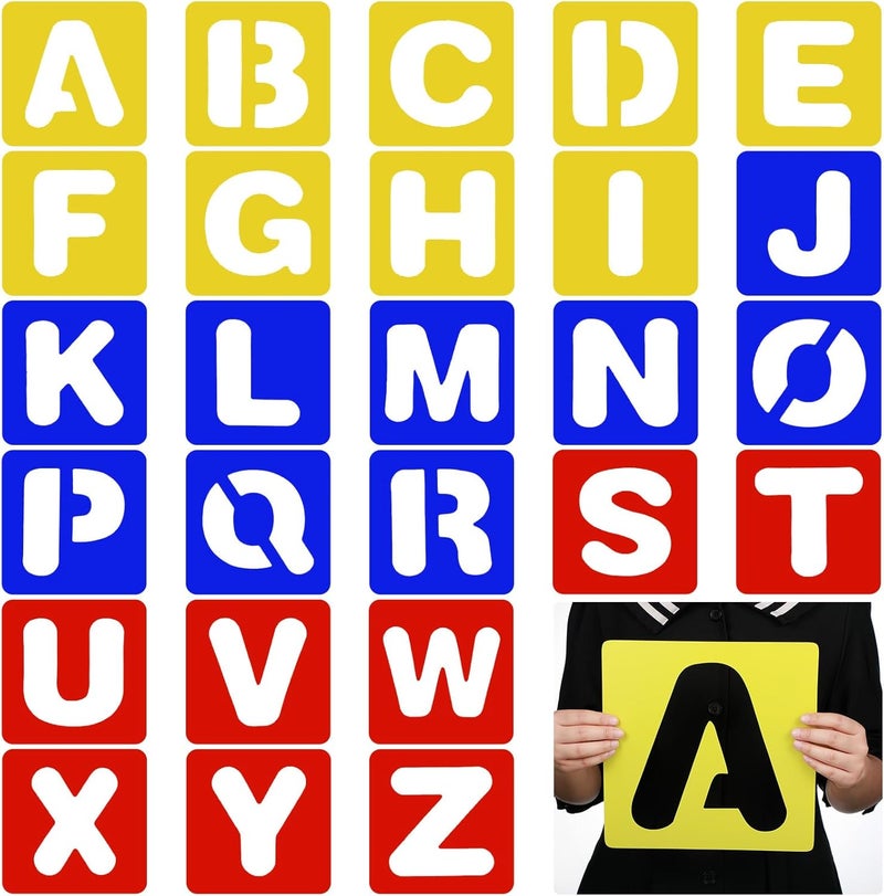 TecUnite 26 Pieces Alphabet Stencils Set Plastic Letter Stencils for Painting Learning, DIY Craft Decoration (9 x 9 Inches) - Image 1
